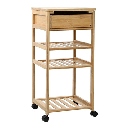 The bamboo kitchen trolley from the back, with wheels visible