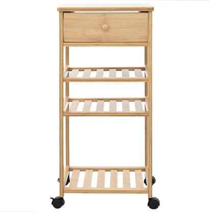 A close-up of the bamboo kitchen trolley's slatted shelves and drawer