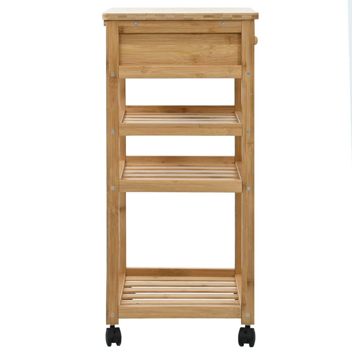 The kitchen trolley with wheels shown from a side angle