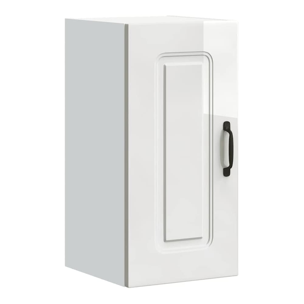 Close-up of the high gloss white kitchen wall cabinet door with a black handle