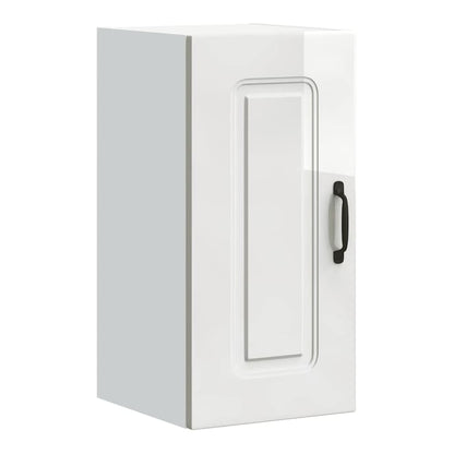 Close-up of the high gloss white kitchen wall cabinet door with a black handle