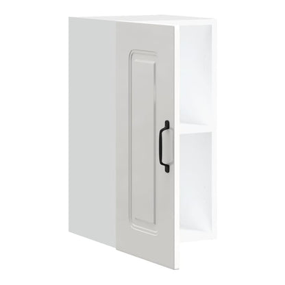 Open kitchen wall cabinet showing the inside shelves and door