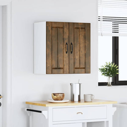 The kitchen wall cabinet fixed to a white wall above a kitchen island
