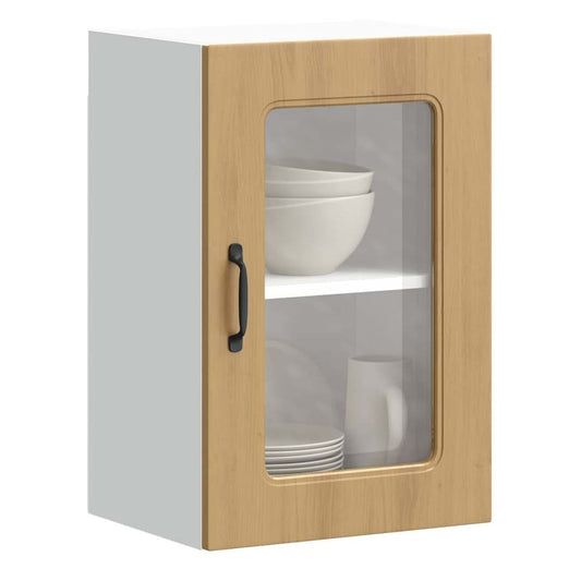 Kitchen Wall Cabinet with Glass Door "Kalmar" Artisan oak 1x wall corner cabinet 57 cm wide 100 cm high–2x wall glass cabinet (1 door) 40 cm wide 40 cm high 1x wall glass cabinet (1 door) 40 cm wide 60 cm high