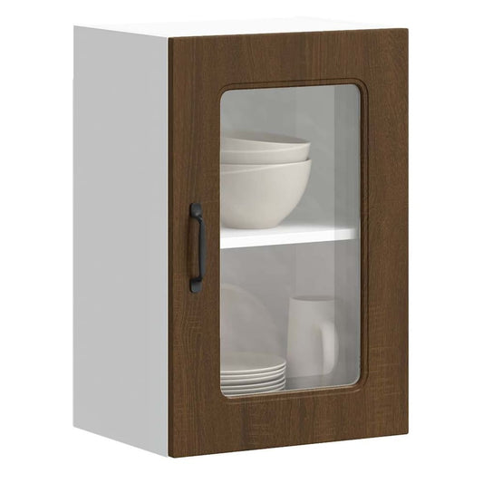 Kitchen Wall Cabinet with Glass Door "Kalmar" Brown oak 1x wall glass cabinet (1 door) 40 cm wide 60 cm high–40 x 31 x 40 cm 1x wall glass cabinet (1 door) 40 cm wide 60 cm high