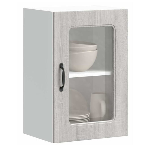 Kitchen Wall Cabinet with Glass Door "Kalmar" Grey sonoma 1x wall corner cabinet 57 cm wide 100 cm high–2x wall glass cabinet (1 door) 40 cm wide 40 cm high 1x wall glass cabinet (1 door) 40 cm wide 60 cm high