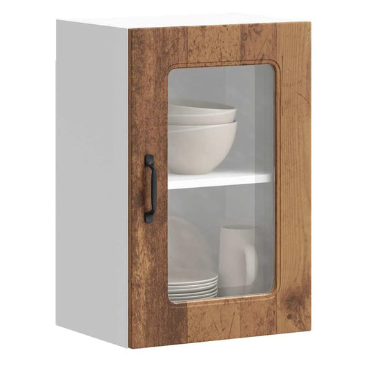 Kitchen Wall Cabinet with Glass Door "Kalmar" Old wood 1x wall corner cabinet 57 cm wide 100 cm high–2x wall glass cabinet (1 door) 40 cm wide 40 cm high 1x wall glass cabinet (1 door) 40 cm wide 60 cm high