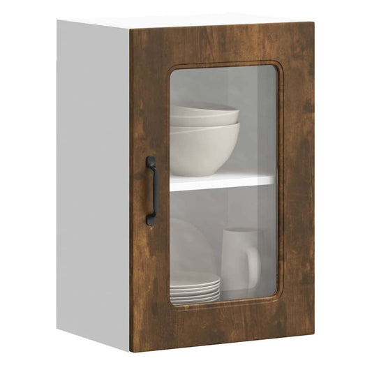 Kitchen Wall Cabinet with Glass Door "Kalmar" Smoked oak 1x wall corner cabinet 57 cm wide 100 cm high–2x wall glass cabinet (1 door) 40 cm wide 40 cm high 1x wall glass cabinet (1 door) 40 cm wide 60 cm high