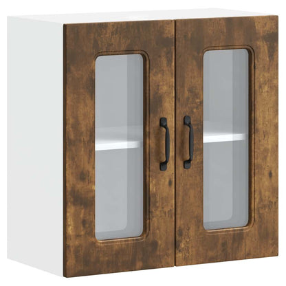 A kitchen wall cabinet with two smoked oak effect glass doors and white sides