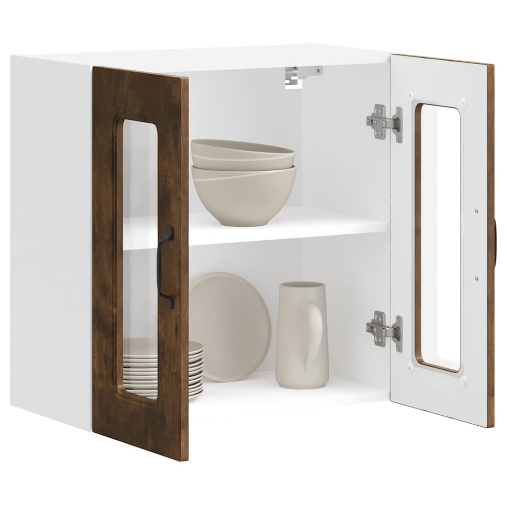 The kitchen wall cabinet with one door open showing shelves and crockery inside