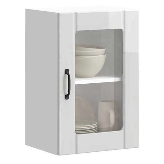 Kitchen Wall Cabinet with Glass Door "Lucca" High gloss white 1x wall corner cabinet 57 cm wide 100 cm high–2x wall glass cabinet (1 door) 40 cm wide 40 cm high 1x wall glass cabinet (1 door) 40 cm wide 60 cm high