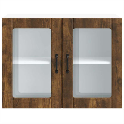 the kitchen wall cabinet showing the wooden frame and glass panels in detail