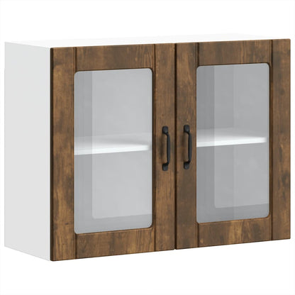 the kitchen wall cabinet with two glass doors and black handles against a white background
