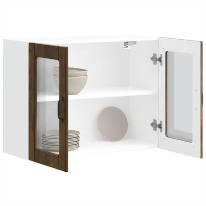 vidaXL Kitchen Wall Cabinet with Glass Door "Lucca" Smoked Oak showing the inside with two shelves and some bowls and plates