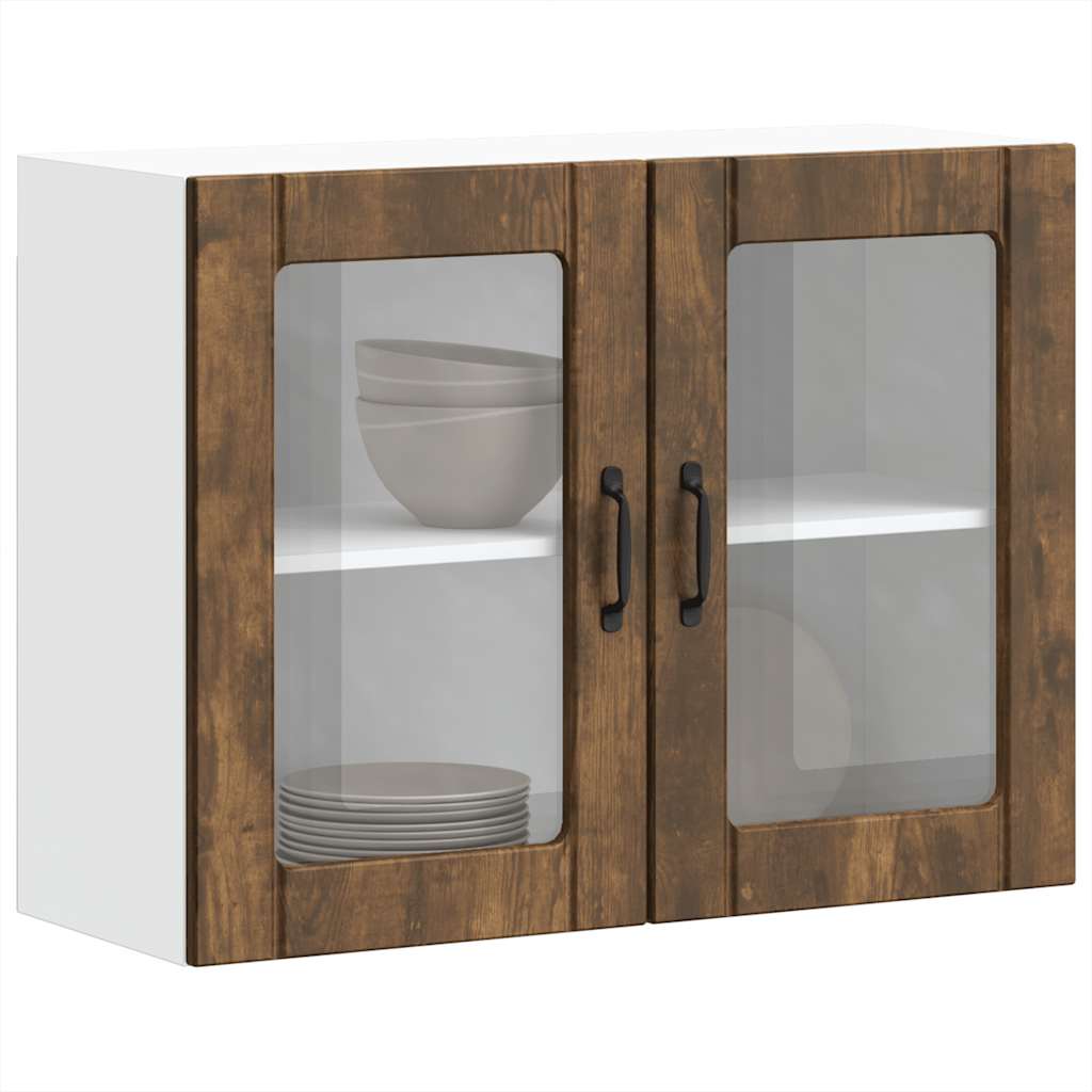 the kitchen wall cabinet with glass doors containing stacked bowls and plates inside