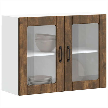 the kitchen wall cabinet with glass doors containing stacked bowls and plates inside