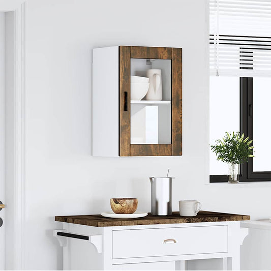Kitchen Wall Cabinet with Glass Door "Porto" Smoked oak 1x wall corner cabinet 57 cm wide 100 cm high–2x wall glass cabinet (1 door) 40 cm wide 40 cm high 1x wall glass cabinet (1 door) 40 cm wide 60 cm high