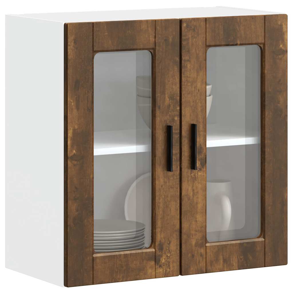 The kitchen wall cabinet with glass doors showing plates and bowls stored inside
