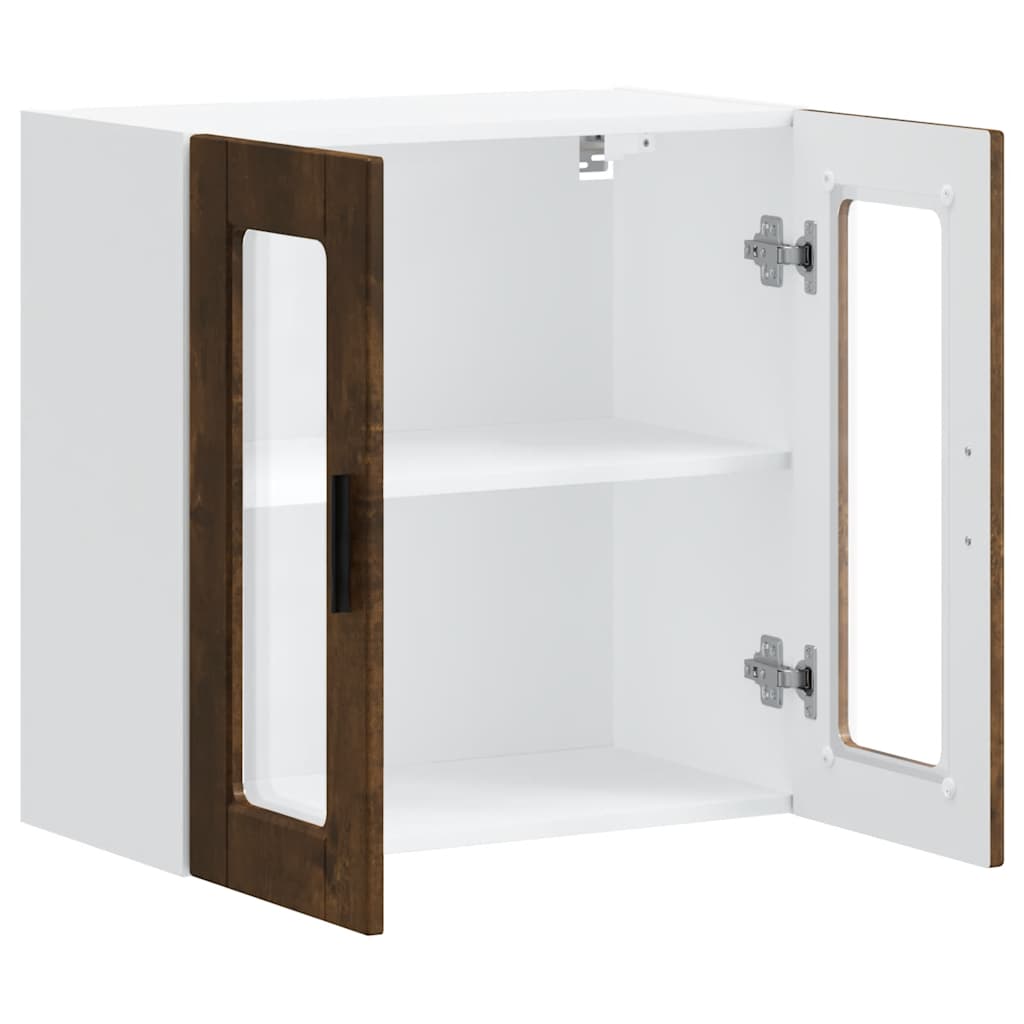 The empty kitchen wall cabinet with doors open revealing white interior shelves