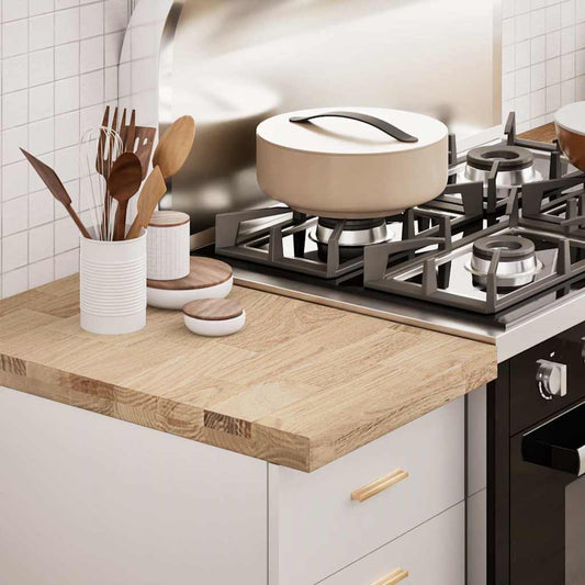 vidaXL Kitchen Worktop Solid Wood Oak Rectangular on a kitchen counter with utensils