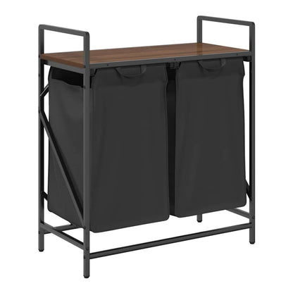The laundry basket with two compartments and a shelf, shown from the side