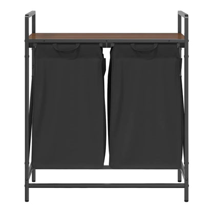 The laundry sorter with two compartments and a shelf, showing the top shelf and handles