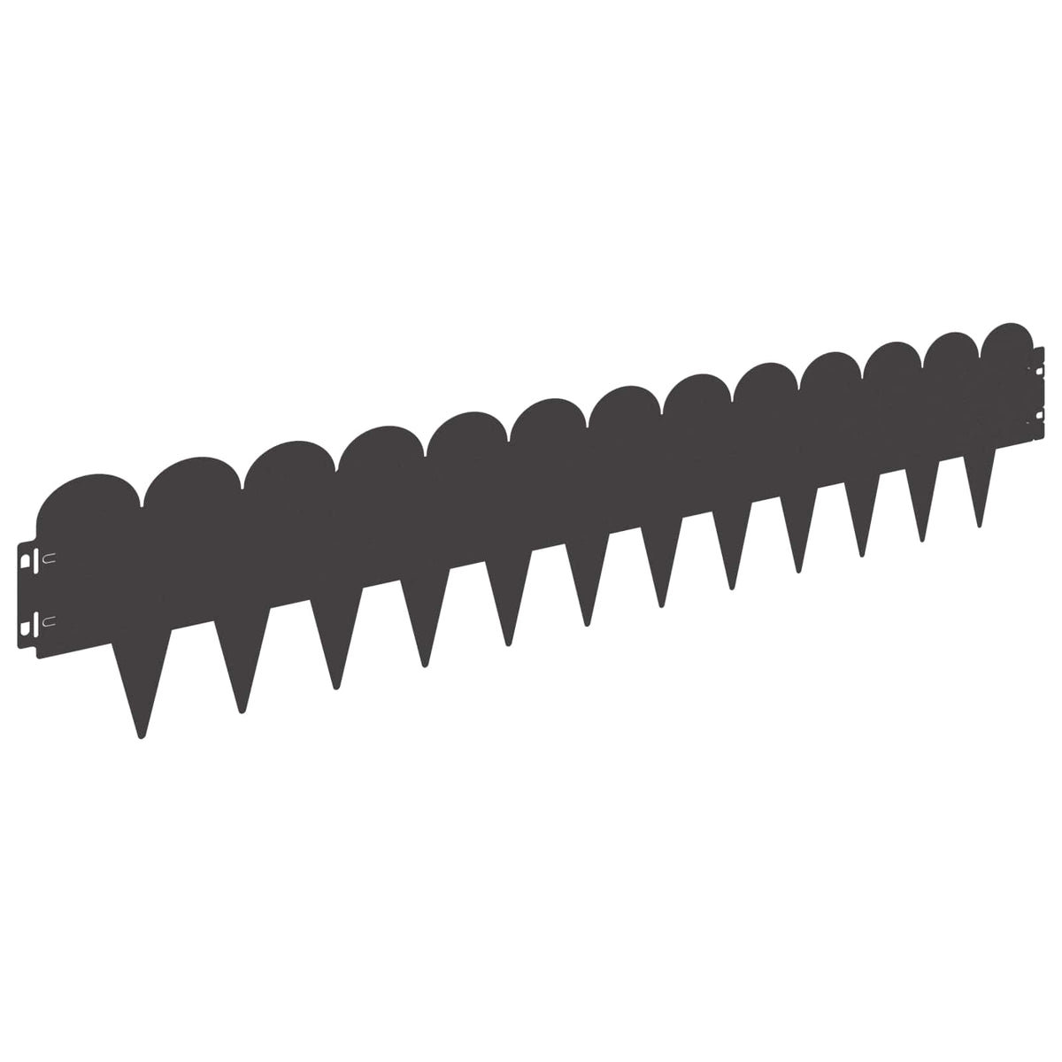 Close up of a single black steel garden border with scalloped top and pointed stakes