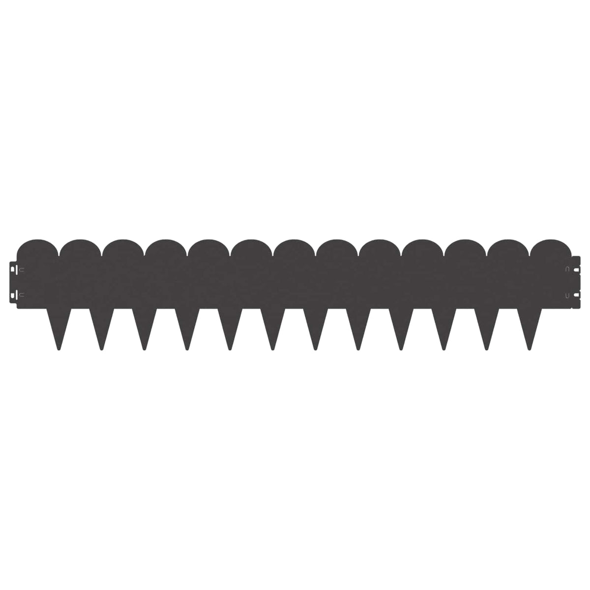 A single black steel garden border with scalloped top and pointed stakes