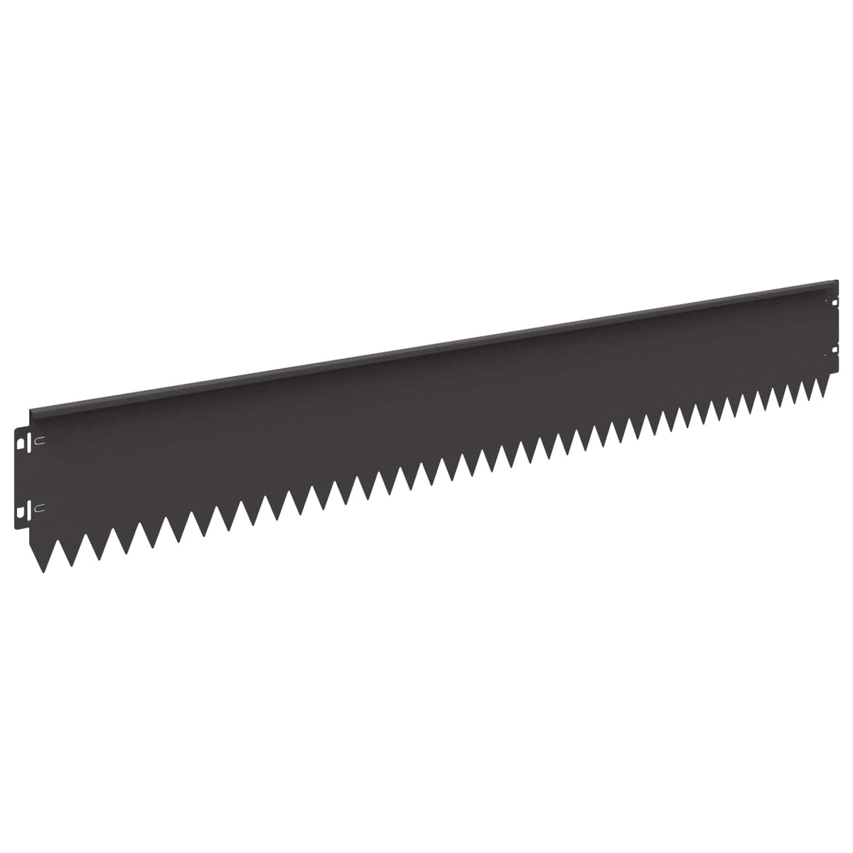 A single black steel lawn edge with a serrated top edge and connection tabs shown flat