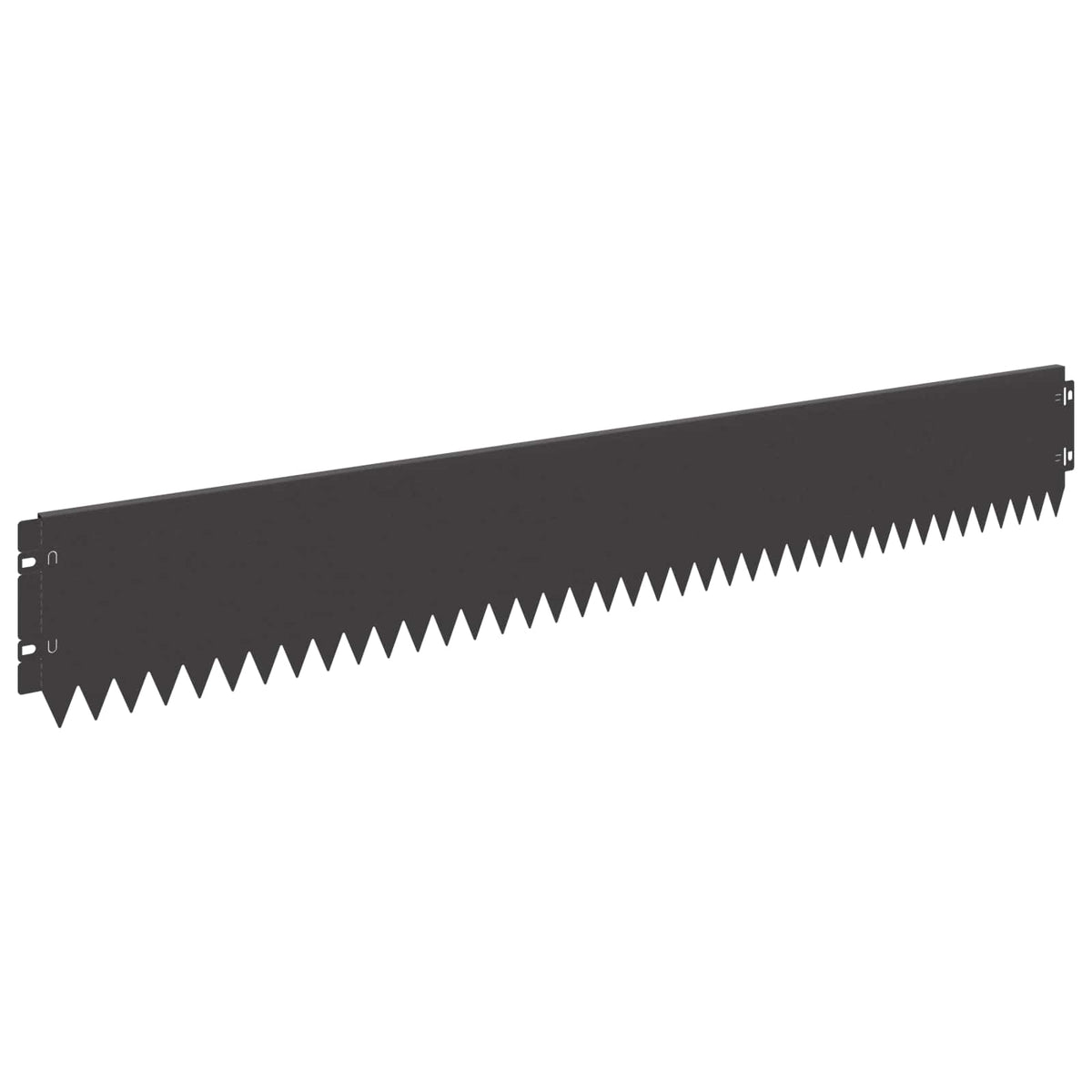 Close-up of a single black steel lawn edge with a serrated top edge
