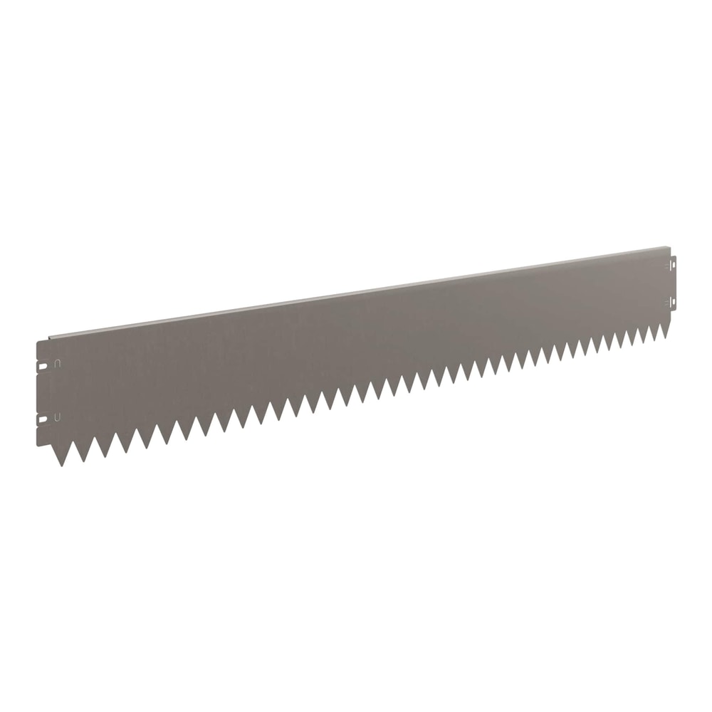 A single galvanised steel lawn edge with a serrated top edge and connecting tabs
