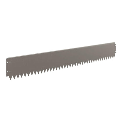 A single galvanised steel lawn edge with a serrated top edge and connecting tabs