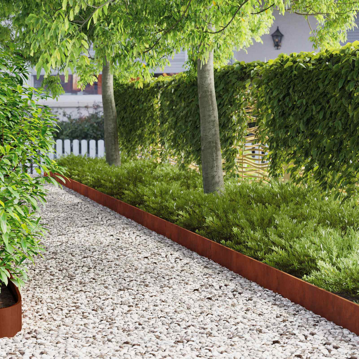 vidaXL Lawn Edge with Top Bended 10 pcs Steel Rusty bordering a gravel path