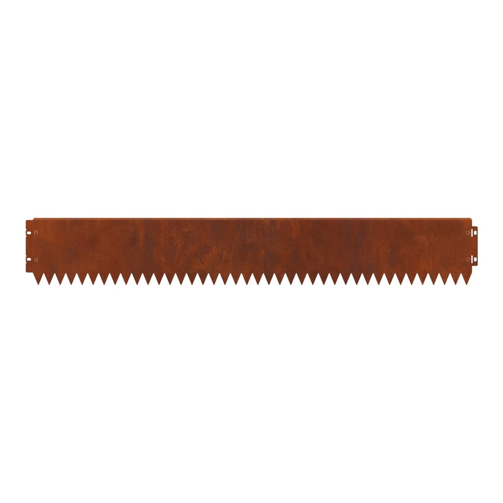 A rusty steel lawn edge with a serrated top edge and connecting tabs on a white background