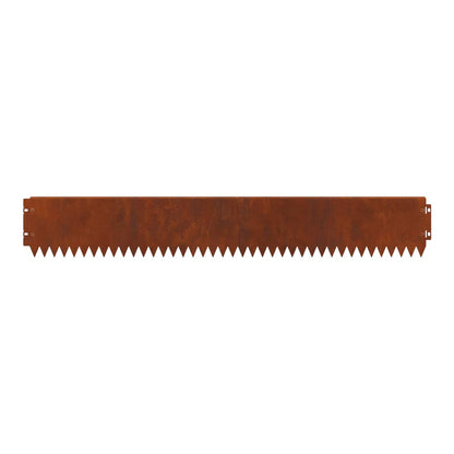 A rusty steel lawn edge with a serrated top edge and connecting tabs on a white background