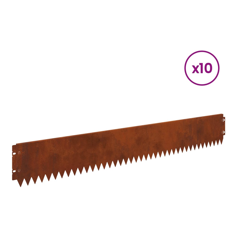 A single rusty steel lawn edge with a serrated top edge and connecting tabs, x10 label
