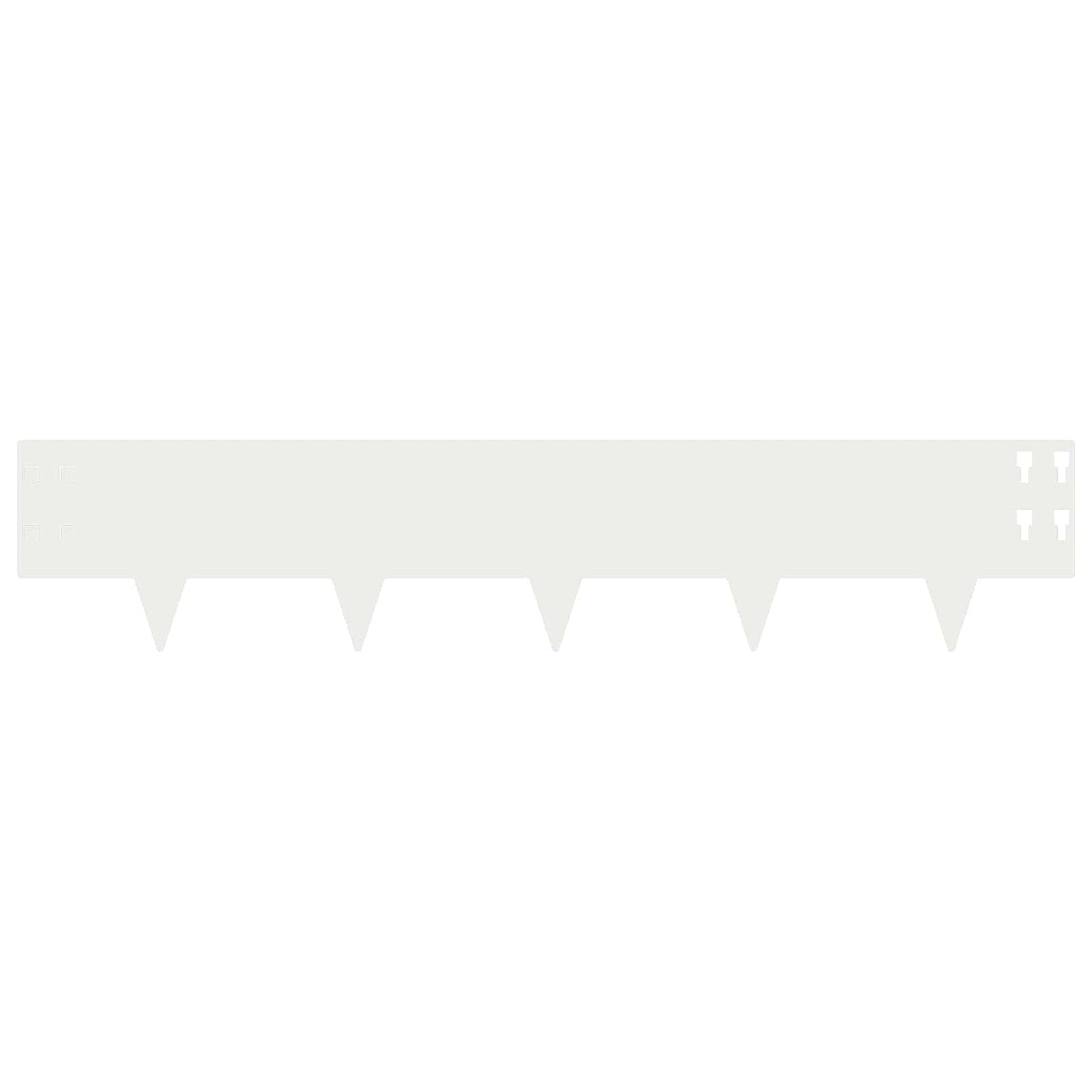 A white steel lawn edging piece with pointed stakes shown from a slightly elevated angle