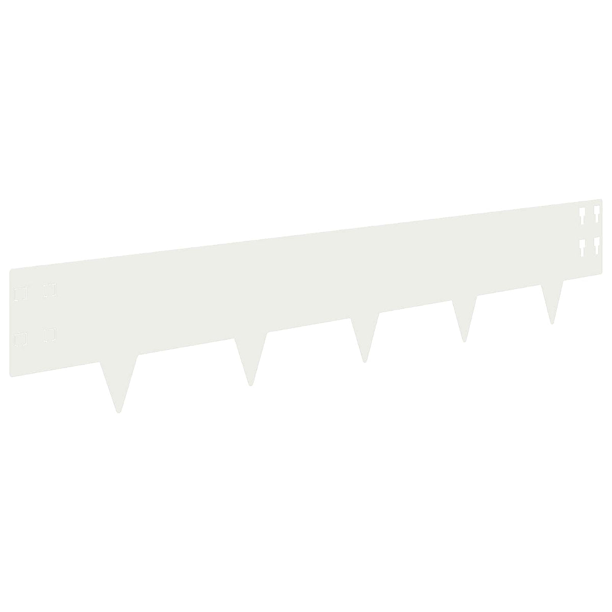 A single white steel lawn edging piece with pointed stakes on a white background