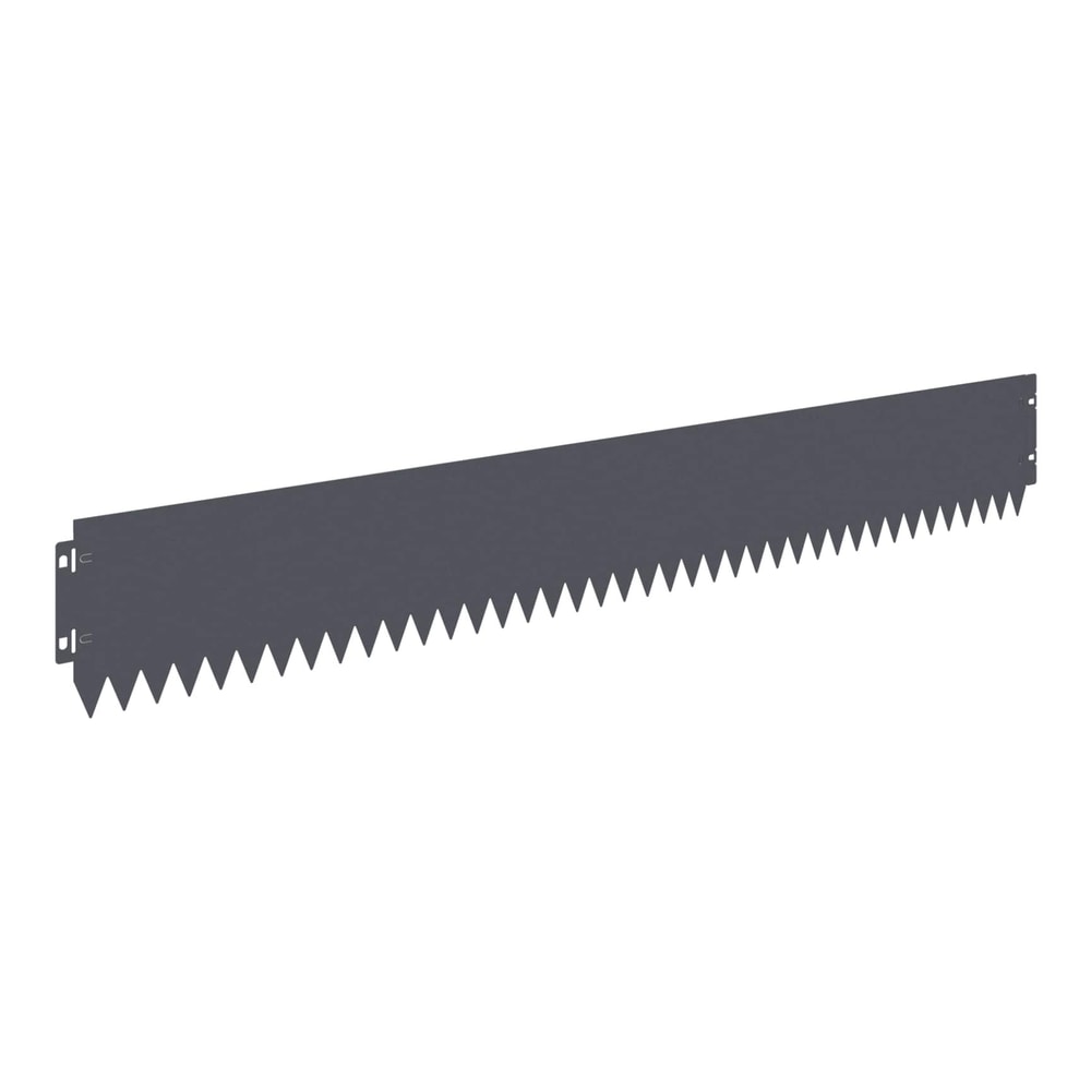 Close-up of a single anthracite steel garden border with serrated edges and fixing tabs