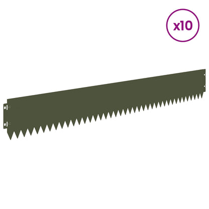 A single piece of steel lawn edging in olive green with a serrated edge
