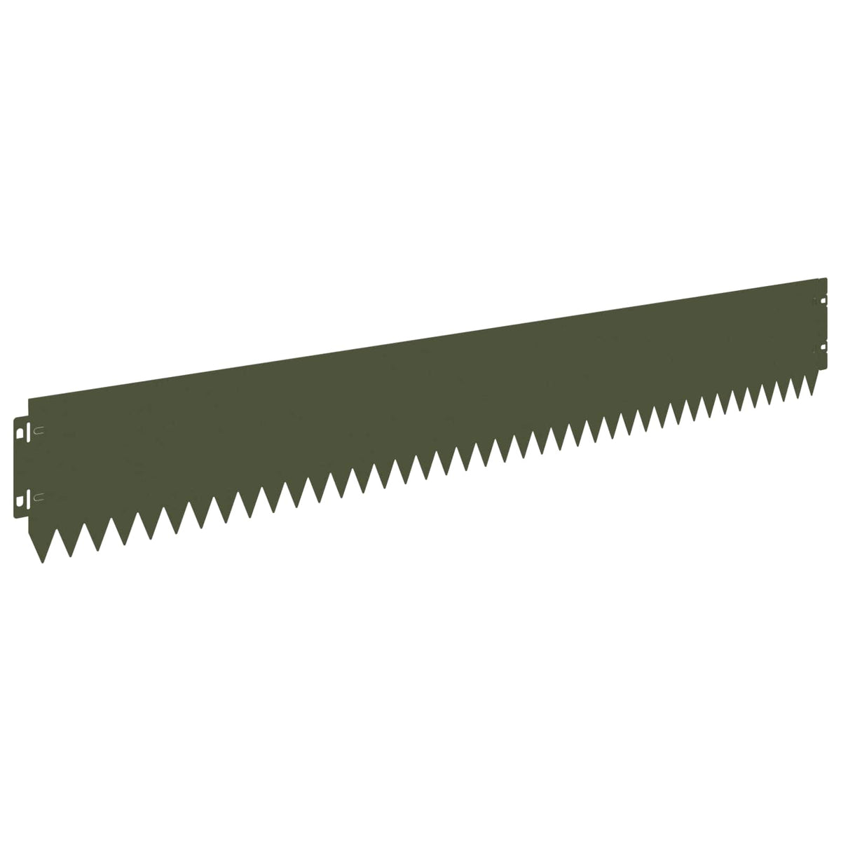 A single piece of steel lawn edging with a serrated edge and fixing tabs