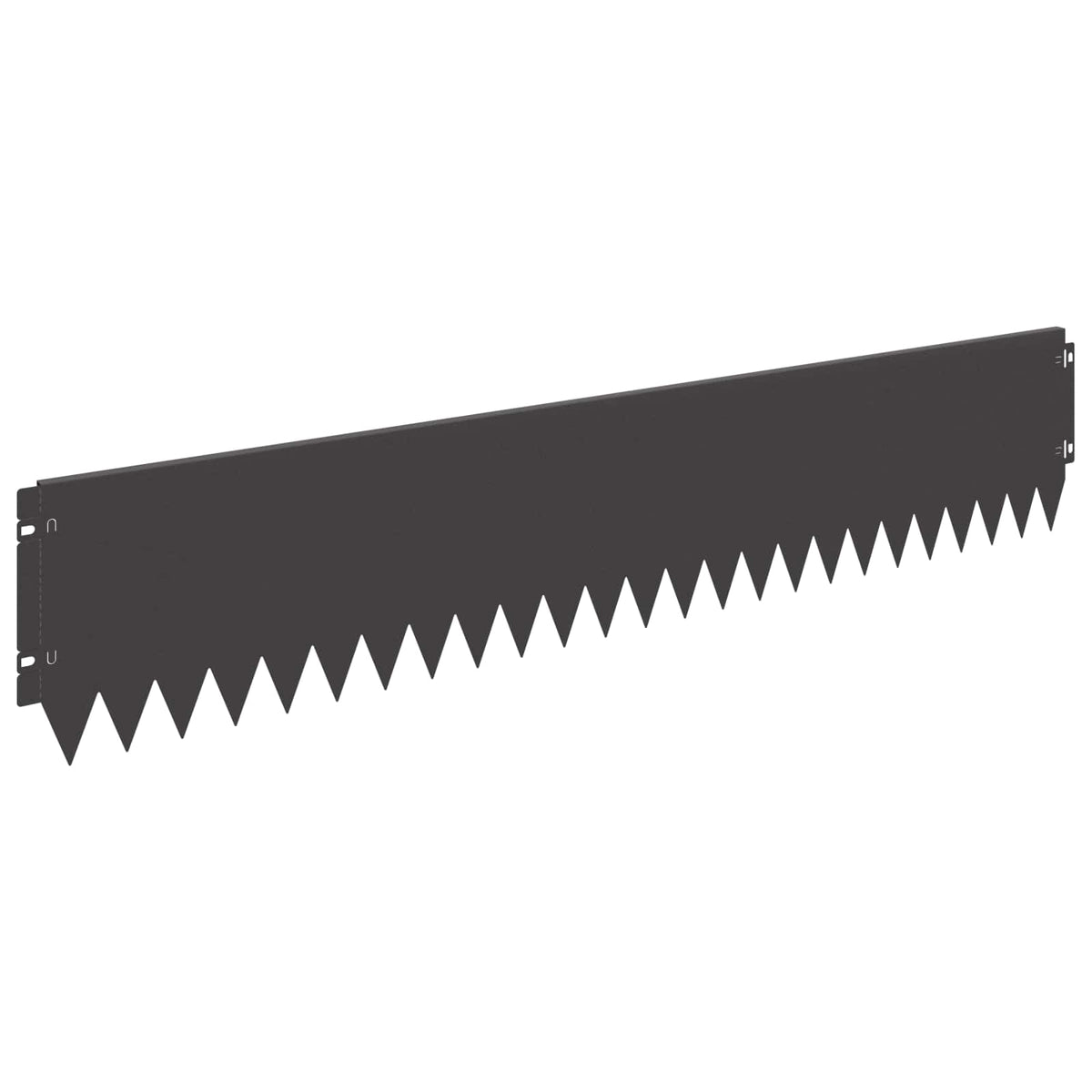 Close-up of a single black steel garden border with a pointed bottom edge