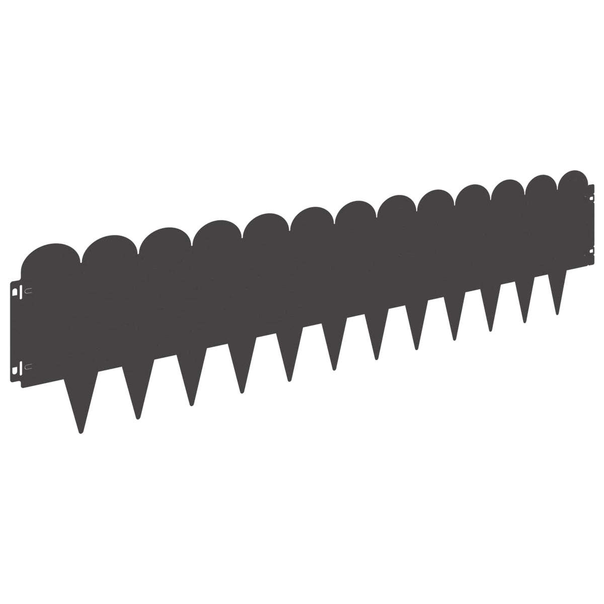 A single black steel garden border with a scalloped top edge and pointed stakes