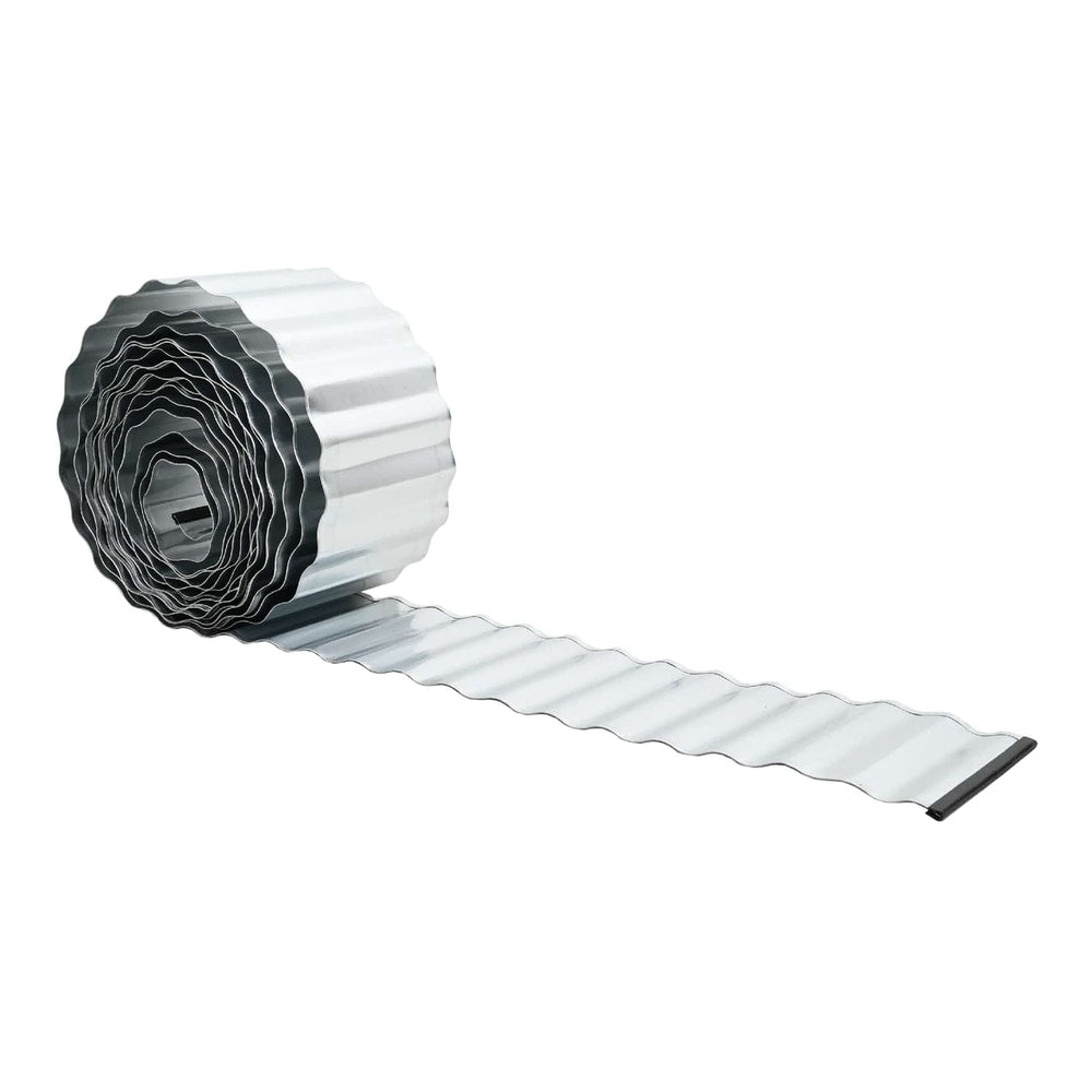 the lawn edging shown as a partially unrolled coil of corrugated metal strip