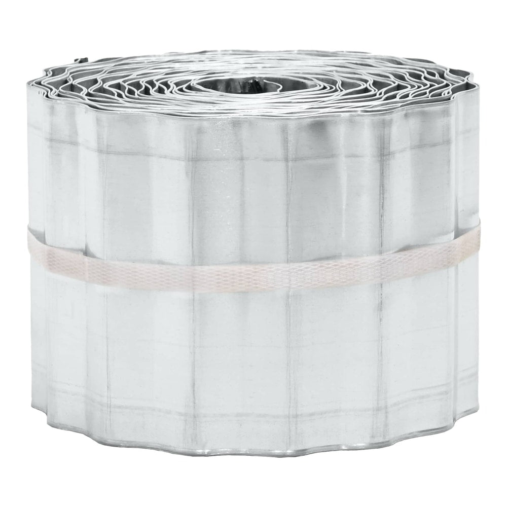 the lawn edging presented as a tightly wound roll of silver corrugated metal
