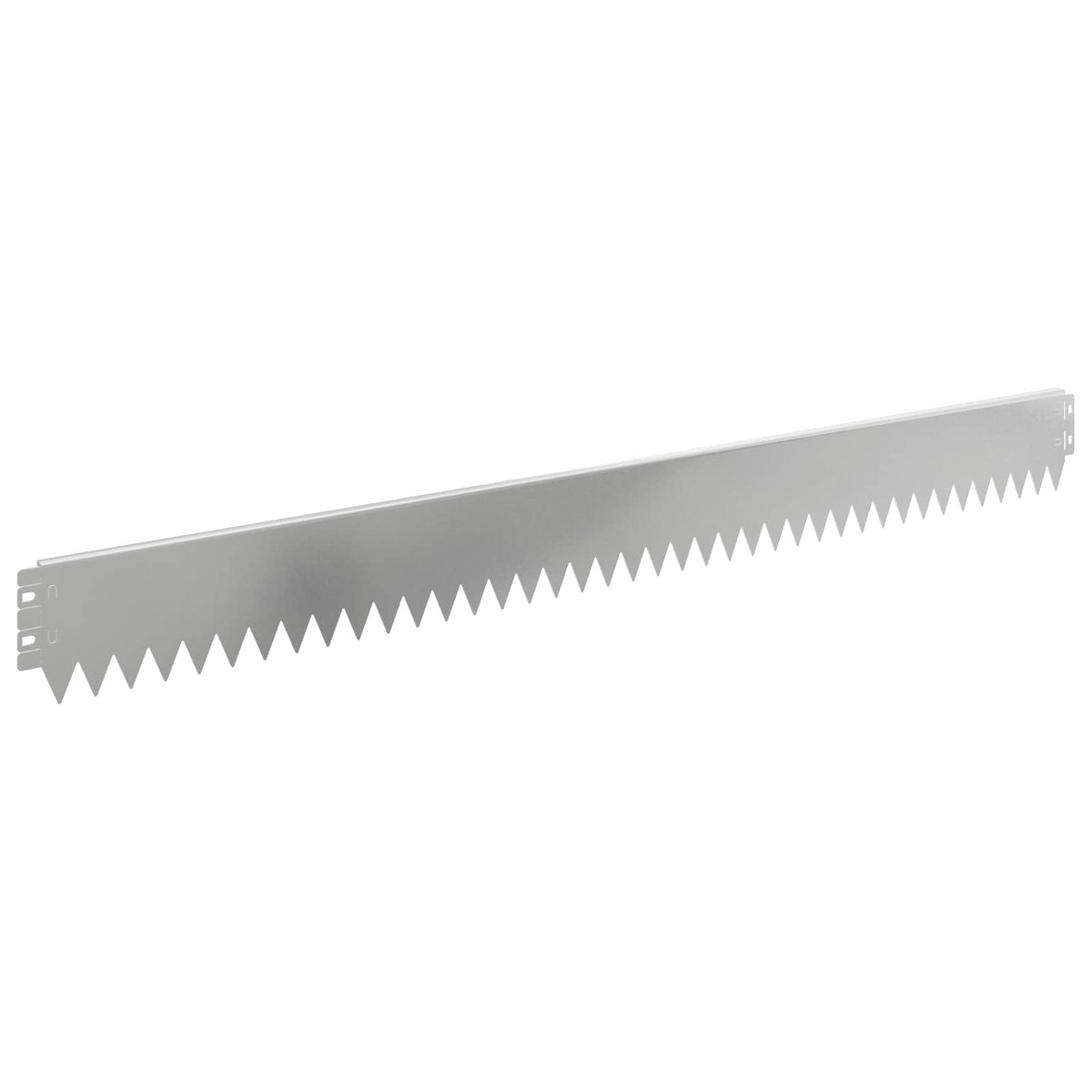 A single piece of silver steel garden edging with a serrated edge