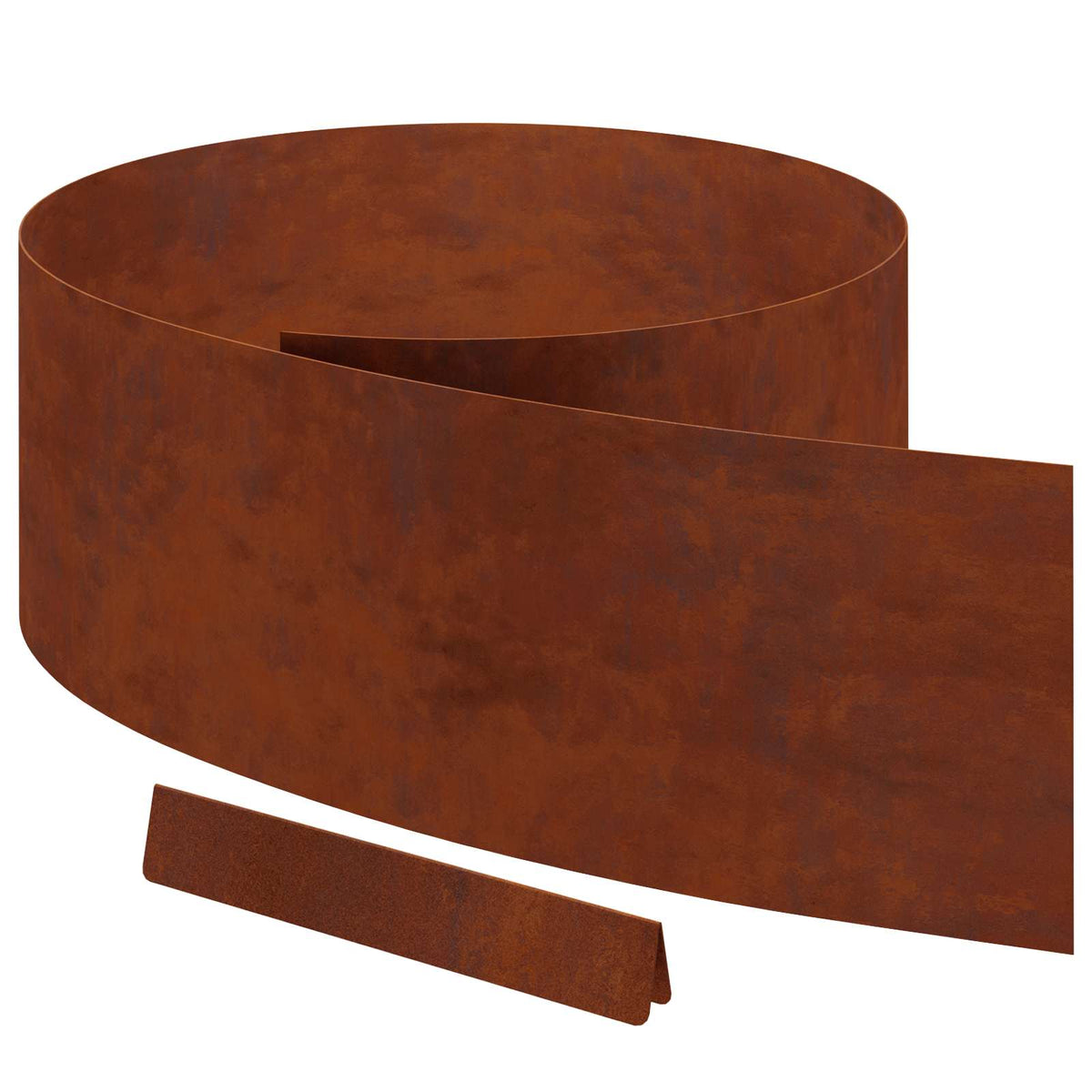 Rusty weathering steel lawn edging unrolled with a small stake