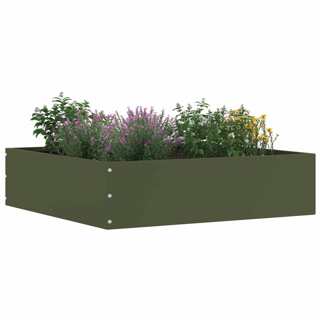 One olive green steel lawn edging raised bed filled with purple and yellow flowers