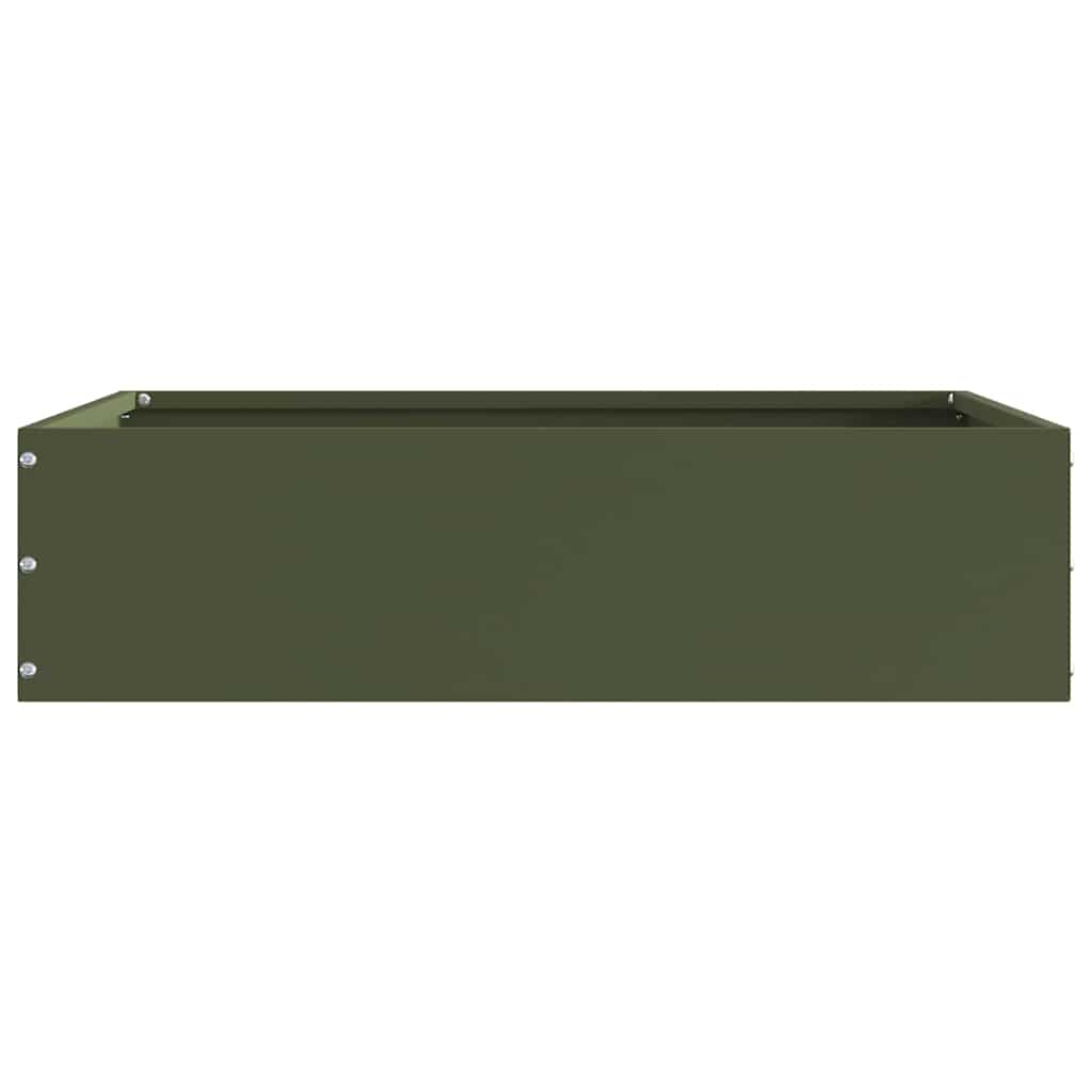 A single olive green steel lawn edging raised bed shown from a long side