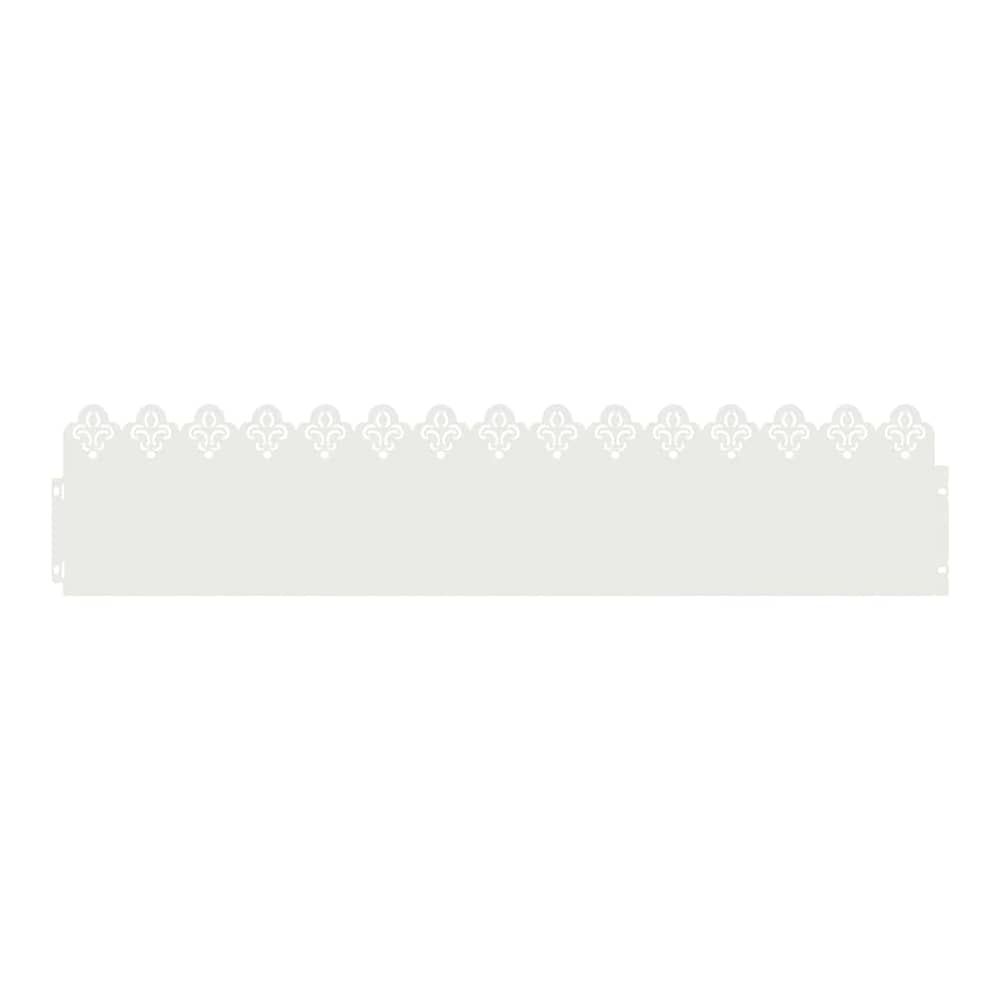 Close up of a single white steel lawn edging with a decorative fleur-de-lis pattern along the top edge